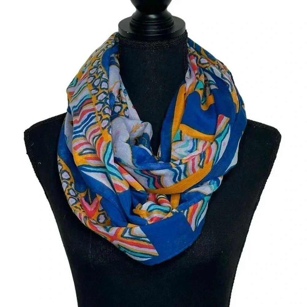 Blue Gold + multicolor‎ boho print lightweight eternity scarf